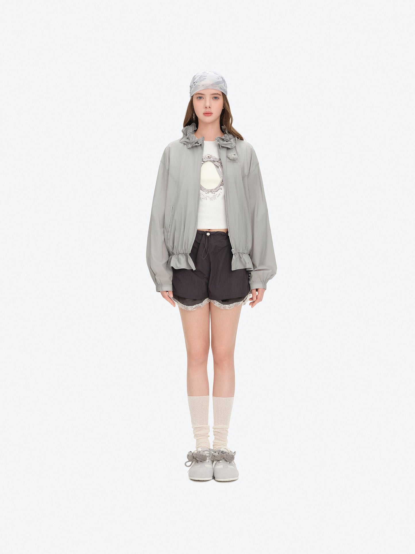 13DE MARZO Lace Collar Lightweight Jacket Grey