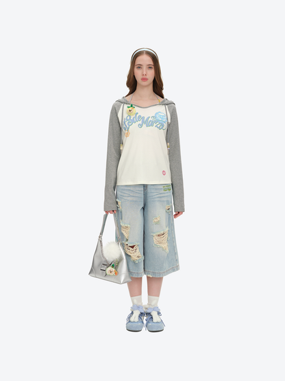 13DE MARZO Raglan Sleeve Hooded Long Sleeve Grey