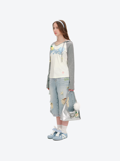 13DE MARZO Raglan Sleeve Hooded Long Sleeve Grey