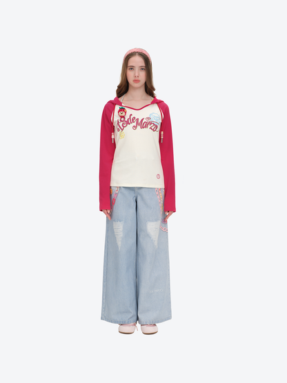 13DE MARZO Raglan Sleeve Hooded Long Sleeve Red