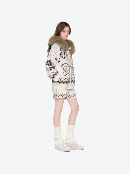 13DE MARZO Fair Isle Collar Zip Hoodie Beige