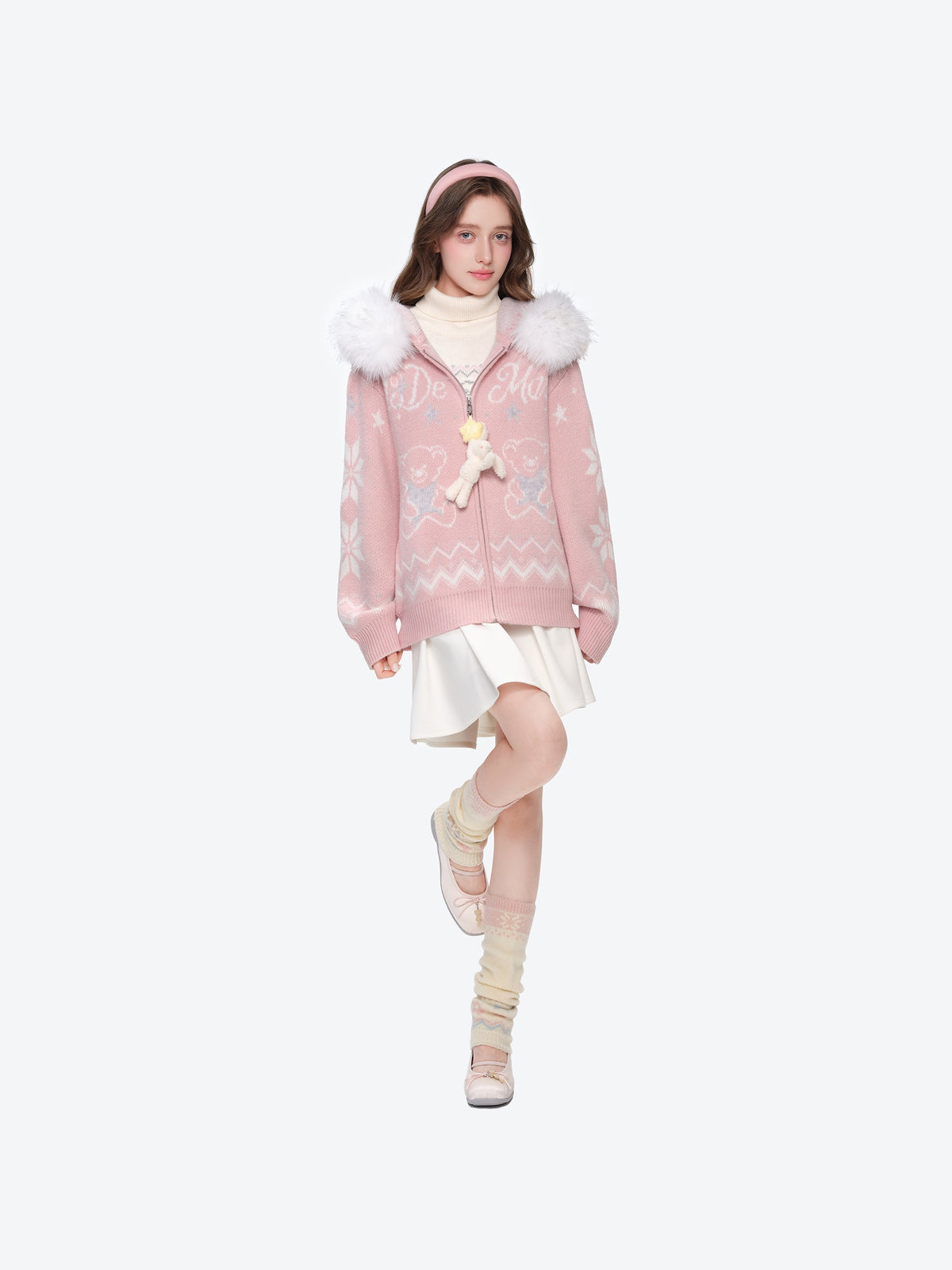 13DE MARZO Fair Isle Collar Zip Hoodie Pink
