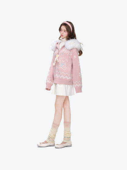 13DE MARZO Fair Isle Collar Zip Hoodie Pink