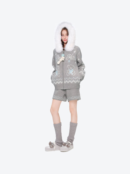 13DE MARZO Fair Isle Collar Zip Hoodie Grey