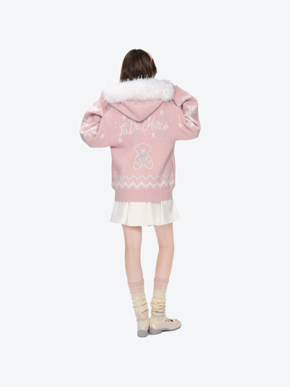 13DE MARZO Fair Isle Collar Zip Hoodie Pink