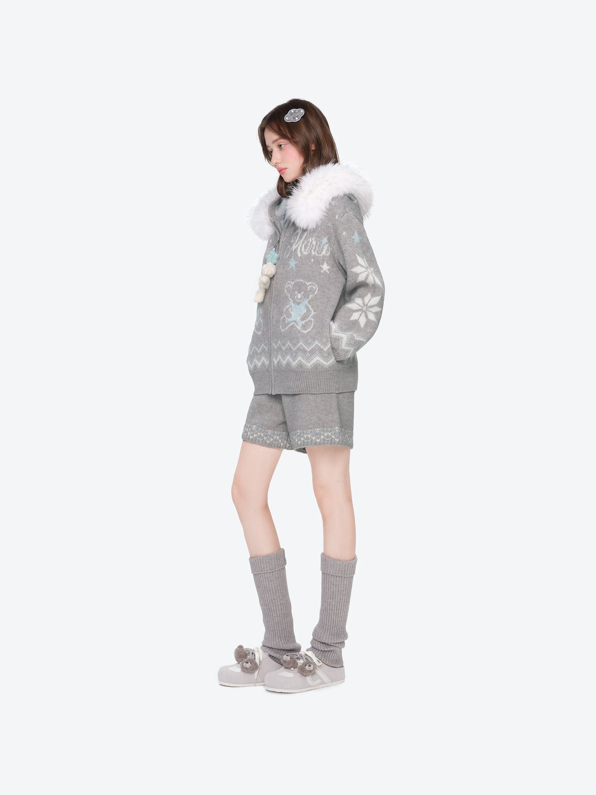 13DE MARZO Fair Isle Collar Zip Hoodie Grey