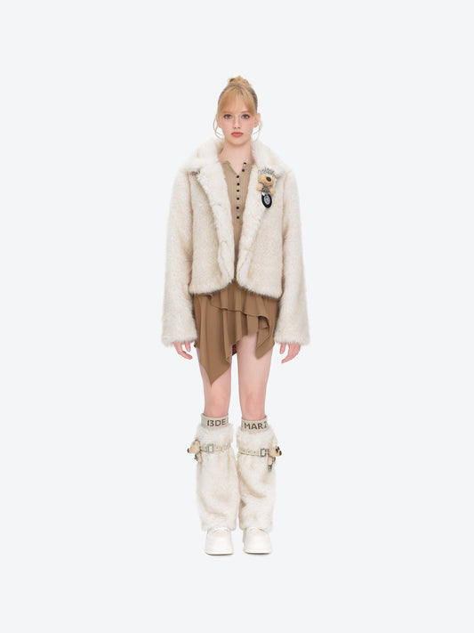 13DE MARZO Rolling Stones Cropped Faux Fur Jacket Beige