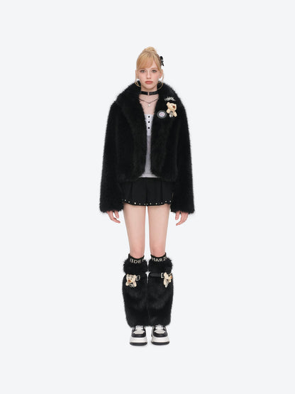 13DE MARZO Rolling Stones Cropped Faux Fur Jacket Black