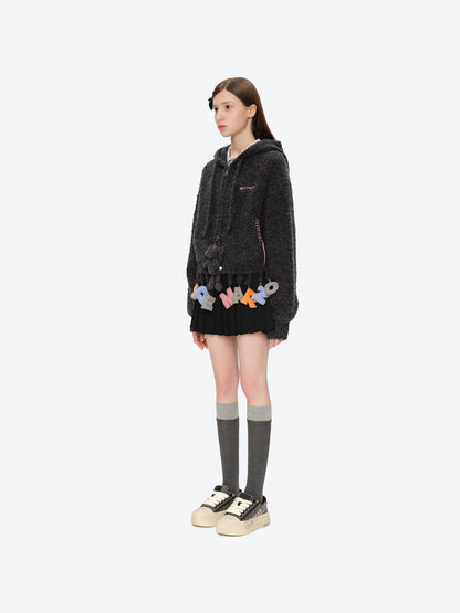 13DE MARZO Colorful Dot Knit Letter Fringe Cardigan Grey