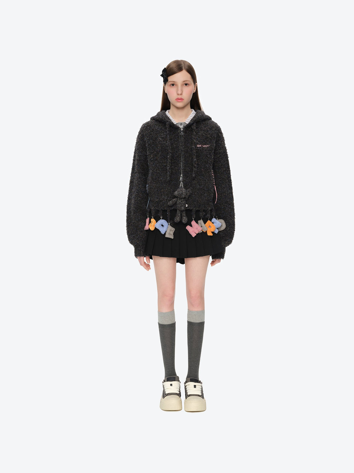 13DE MARZO Colorful Dot Knit Letter Fringe Cardigan Grey
