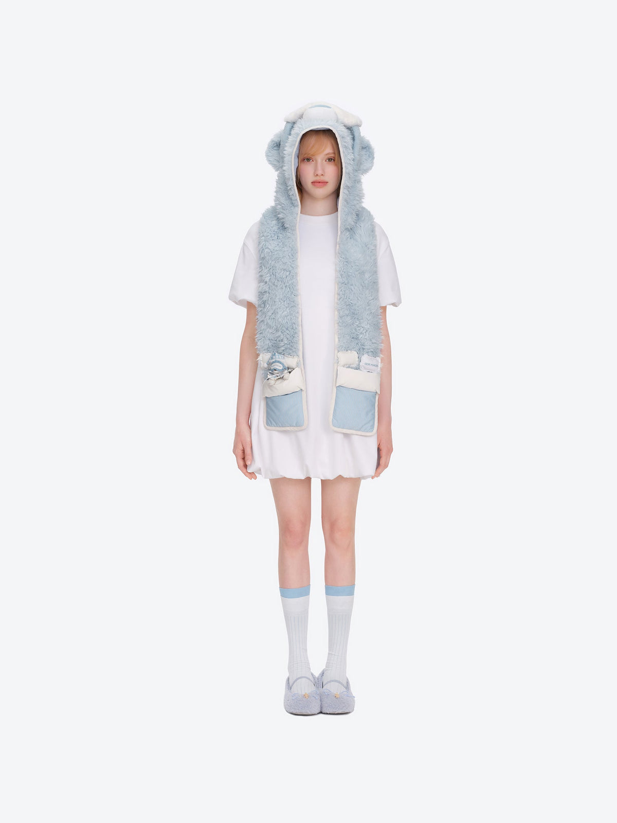 13DE MARZO Nighty Night Bear Hooded Scarf Blue