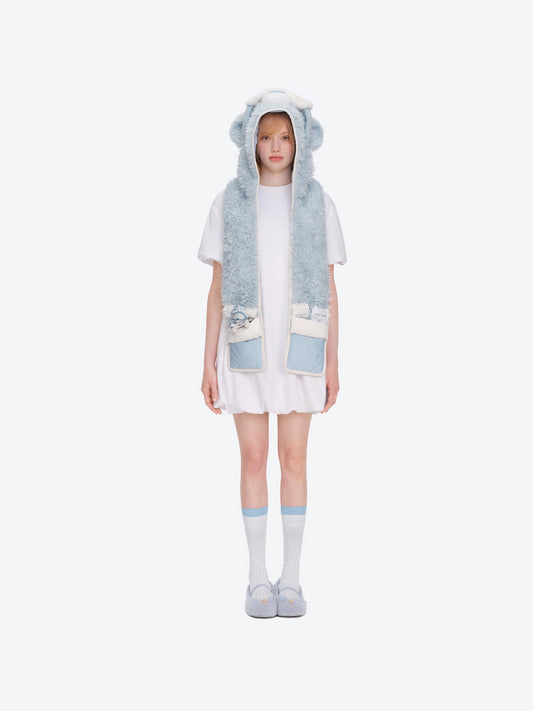 13DE MARZO Nighty Night Bear Hooded Scarf Blue