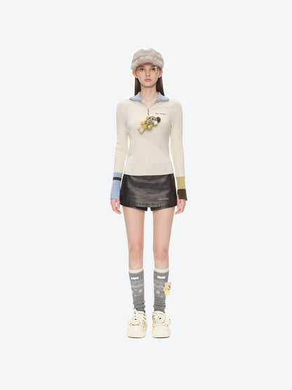 13DE MARZO Snow Bear Asymmetric Cuff Top Beige