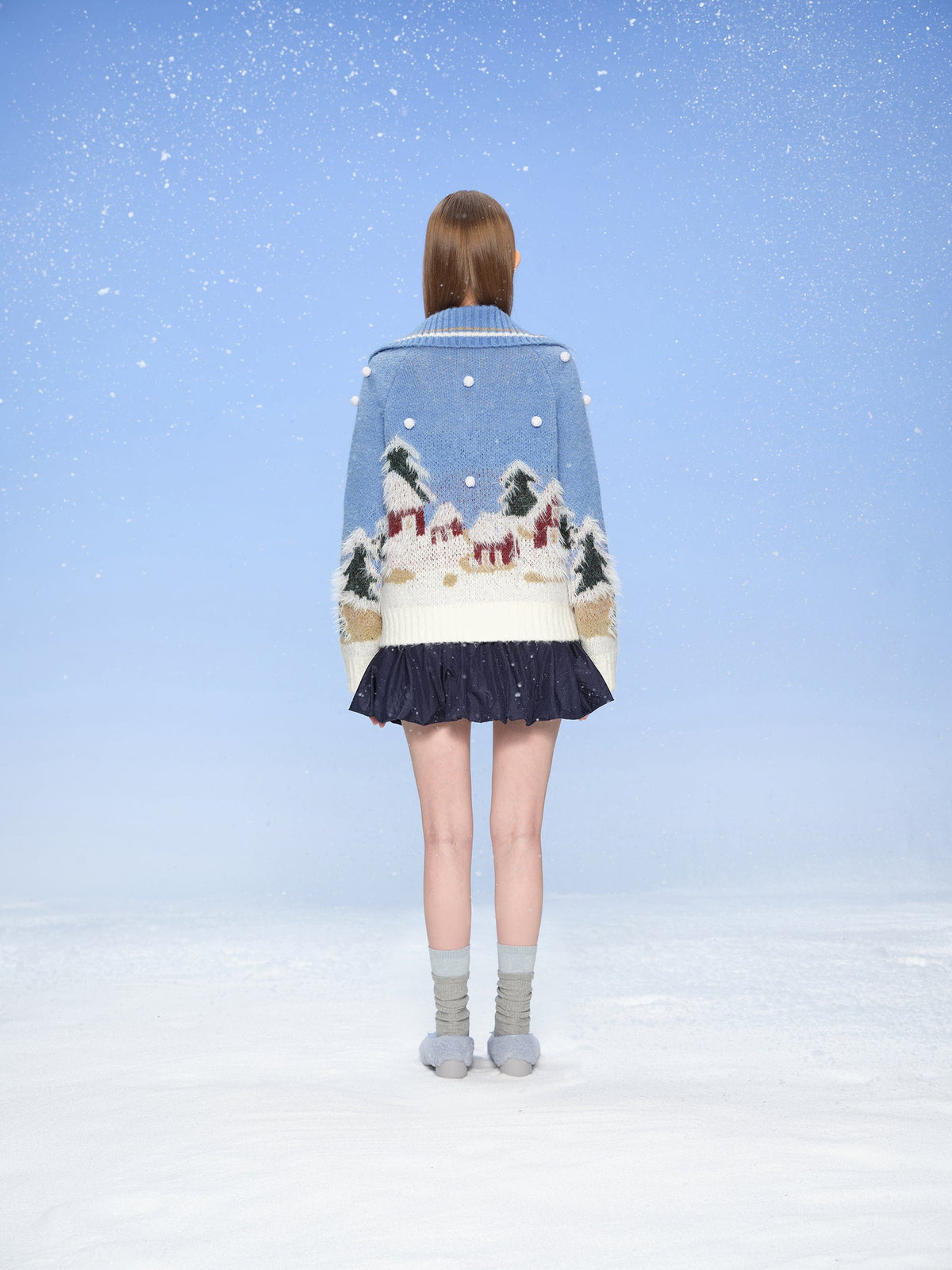 13DE MARZO Snow Bear Jacquard Zip Knit Coat Blue