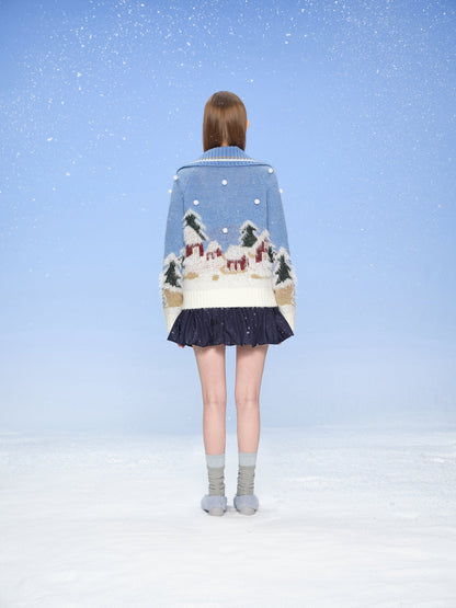 13DE MARZO Snow Bear Jacquard Zip Knit Coat Blue