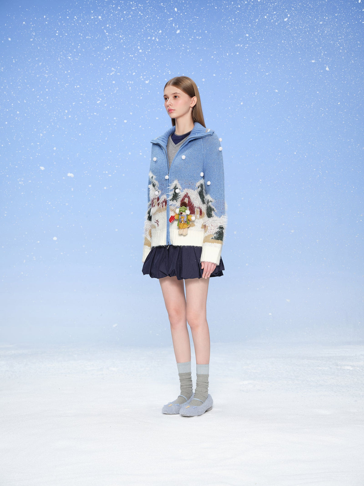 13DE MARZO Snow Bear Jacquard Zip Knit Coat Blue