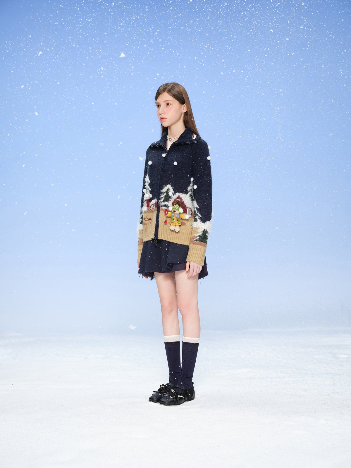 13DE MARZO Snow Bear Jacquard Zip Knit Coat Navy Blue