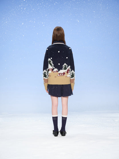 13DE MARZO Snow Bear Jacquard Zip Knit Coat Navy Blue
