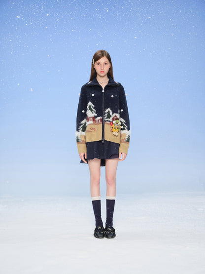13DE MARZO Snow Bear Jacquard Zip Knit Coat Navy Blue