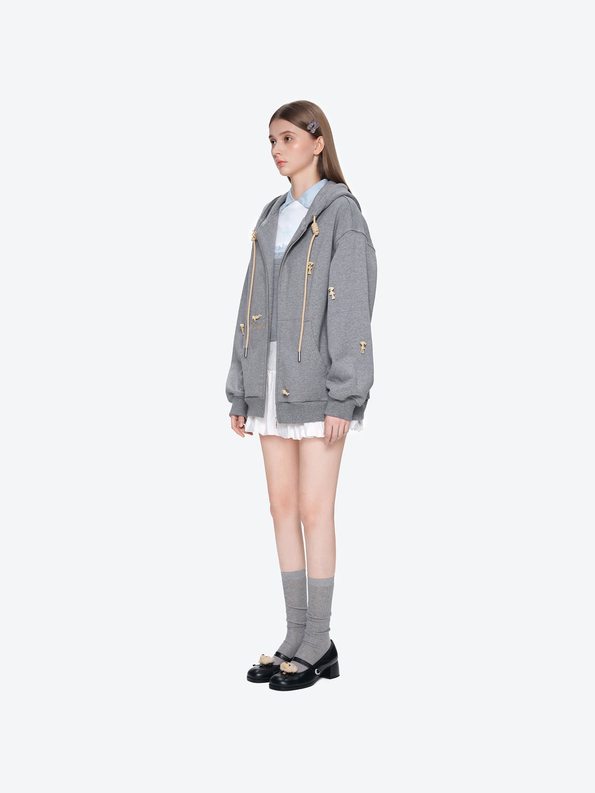 13DE MARZO All-Over Flocked Bear Zipper Hoodie Grey