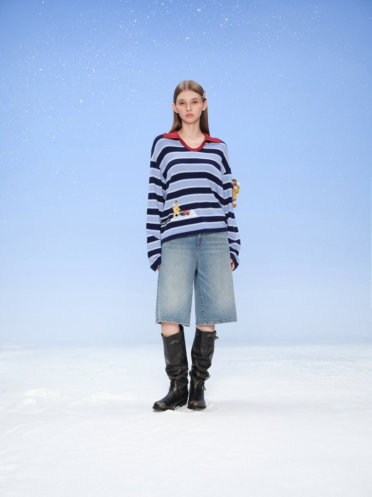 13DE MARZO Snow Bear Polo Stripe Knit Top Blue