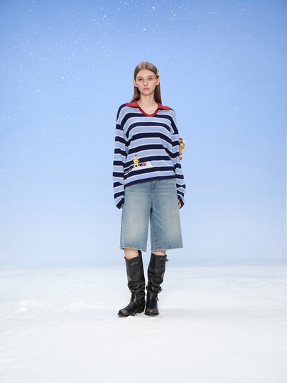 13DE MARZO Snow Bear Polo Stripe Knit Top Blue