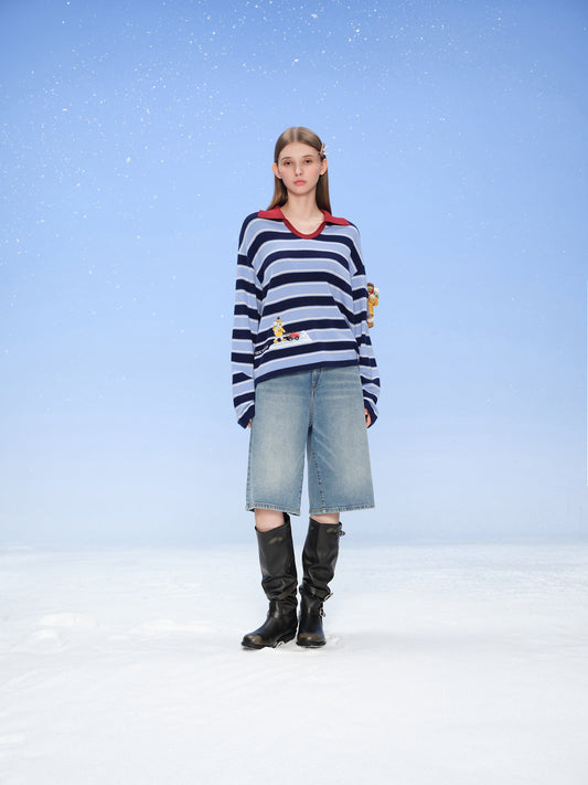 13DE MARZO Snow Bear Polo Stripe Knit Top Blue