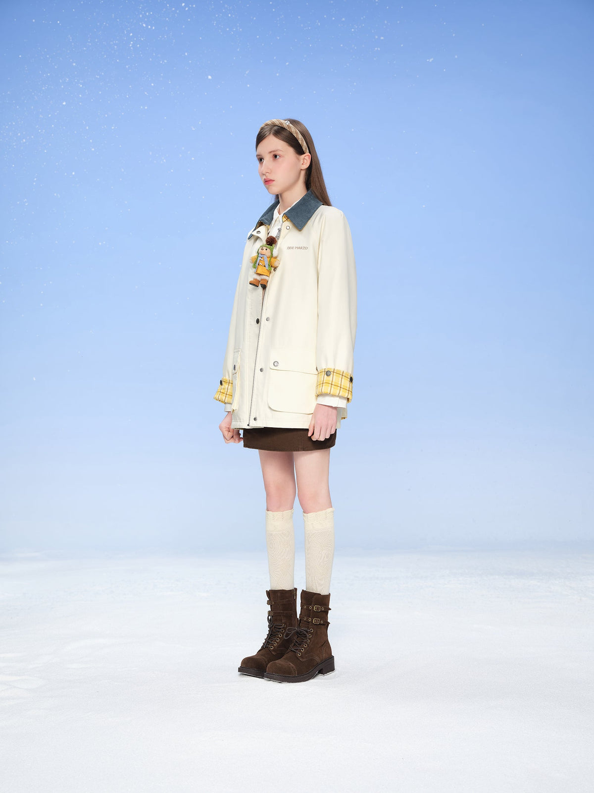 13DE MARZO Snow Bear Corduroy Mid Length Coat Beige
