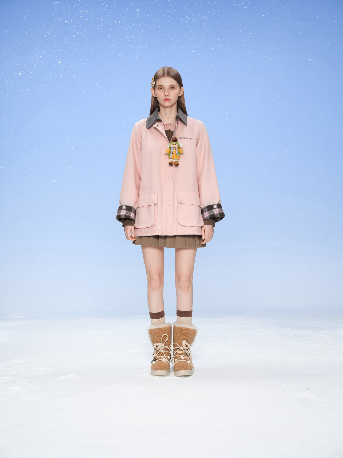 13DE MARZO Snow Bear Corduroy Mid Length Coat Pink