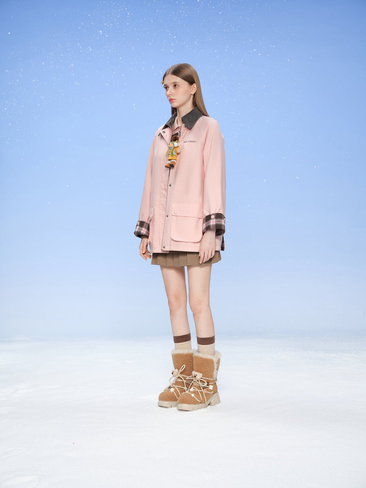 13DE MARZO Snow Bear Corduroy Mid Length Coat Pink