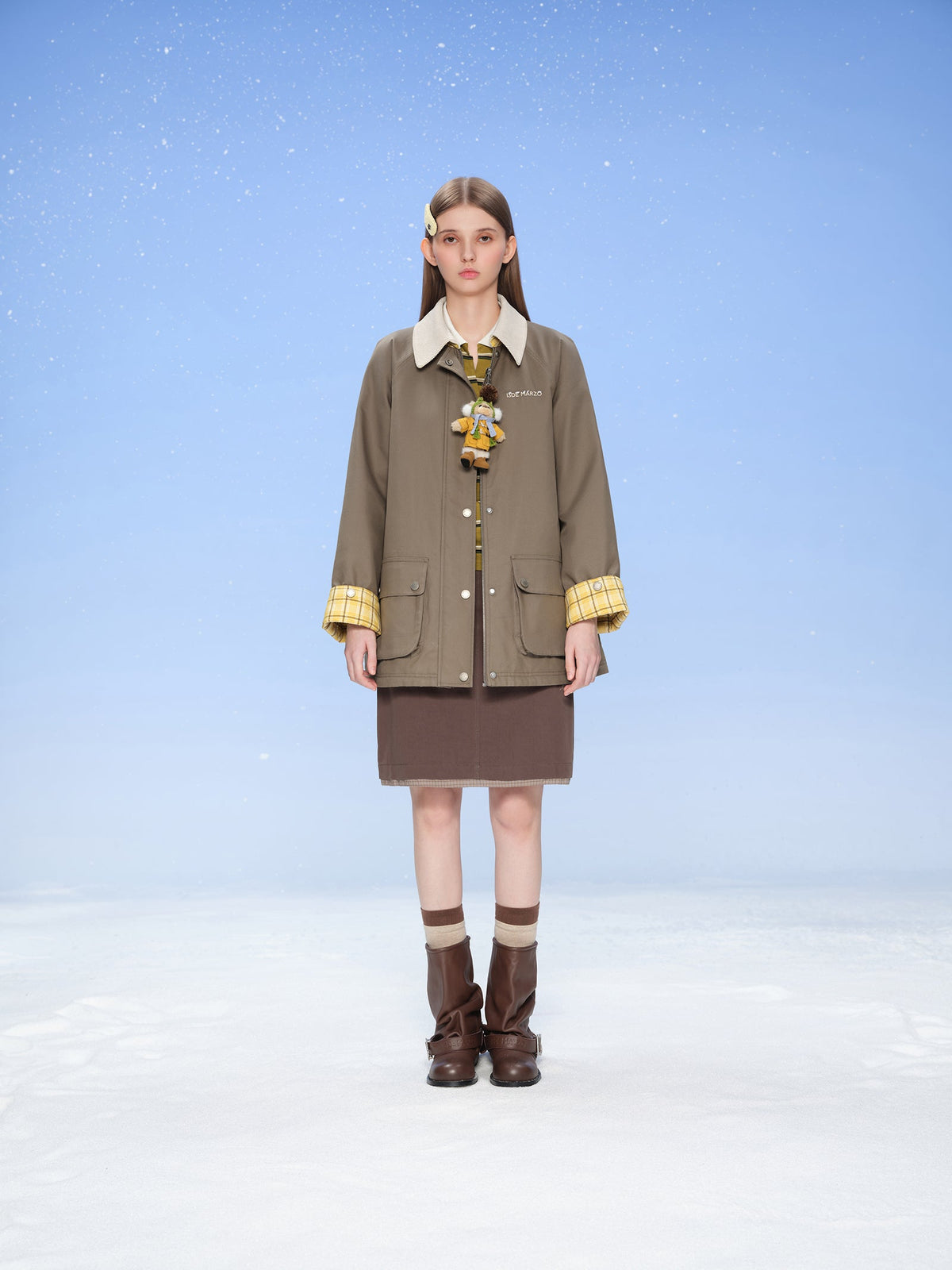 13DE MARZO Snow Bear Corduroy Mid Length Coat Green