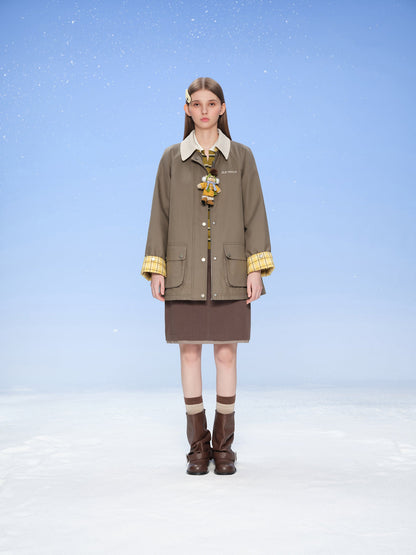 13DE MARZO Snow Bear Corduroy Mid Length Coat Green