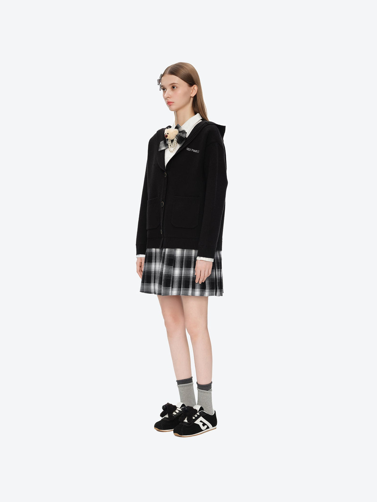 13DE MARZO Mock Three Piece Knit Pleated School Dress Black
