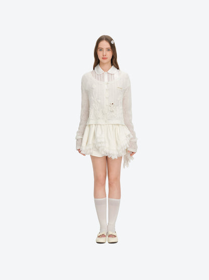 13DE MARZO Floral Bear Print Lazy Style Knitted Cardigan White