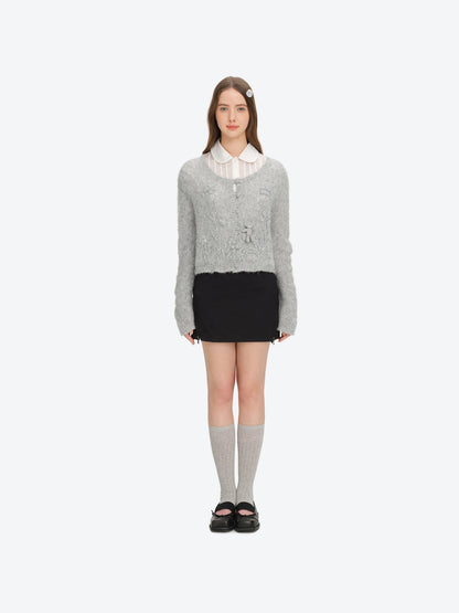 13DE MARZO Floral Bear Print Lazy Style Knitted Cardigan Grey