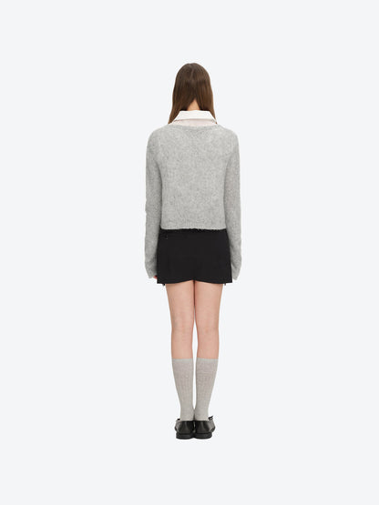 13DE MARZO Floral Bear Print Lazy Style Knitted Cardigan Grey