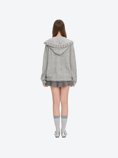 13DE MARZO Ruffle Collar Knitted Hoodie Grey