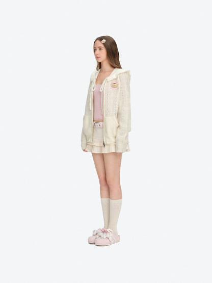 13DE MARZO Ruffle Collar Knitted Hoodie Beige