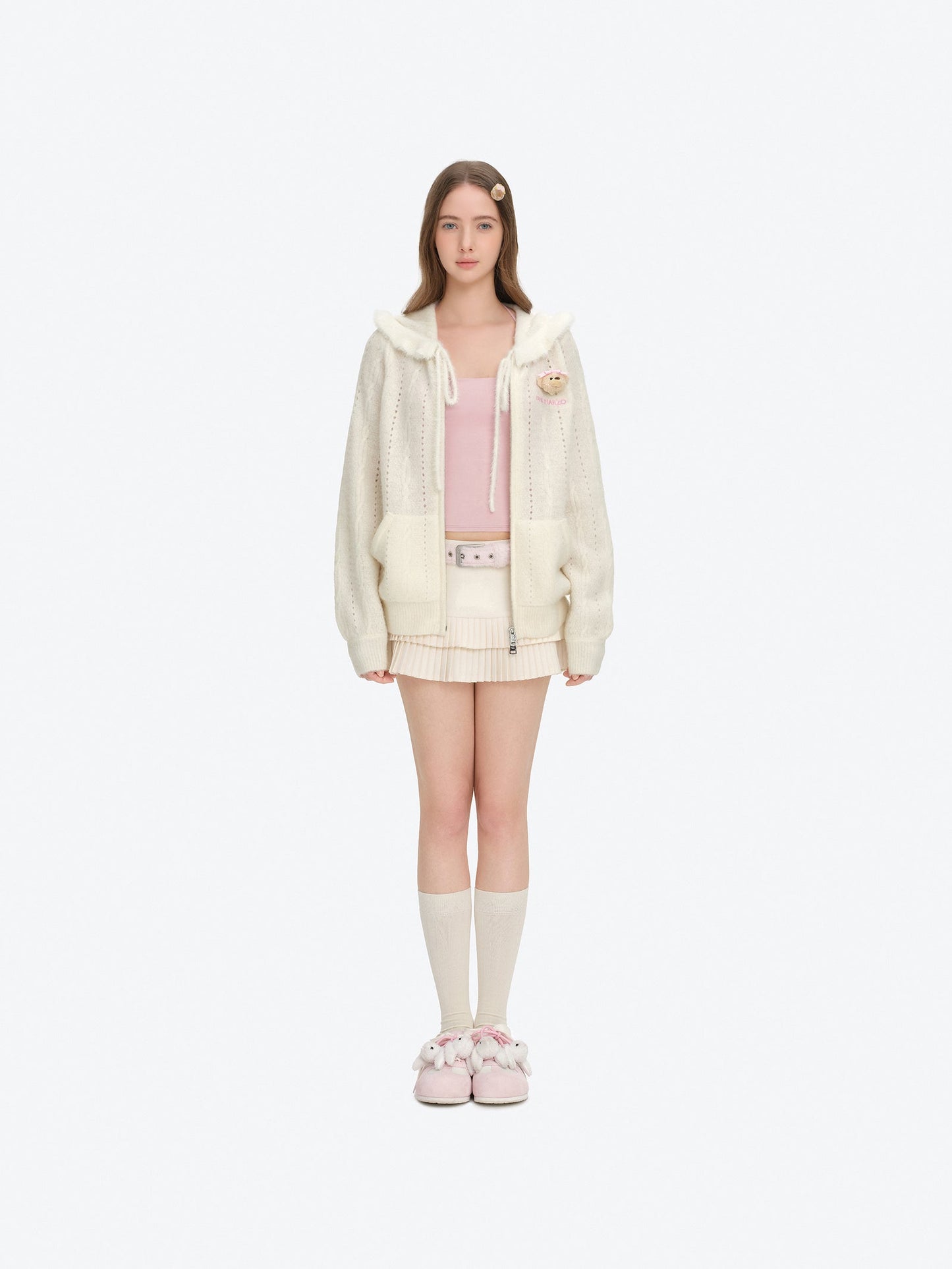 13DE MARZO Ruffle Collar Knitted Hoodie Beige