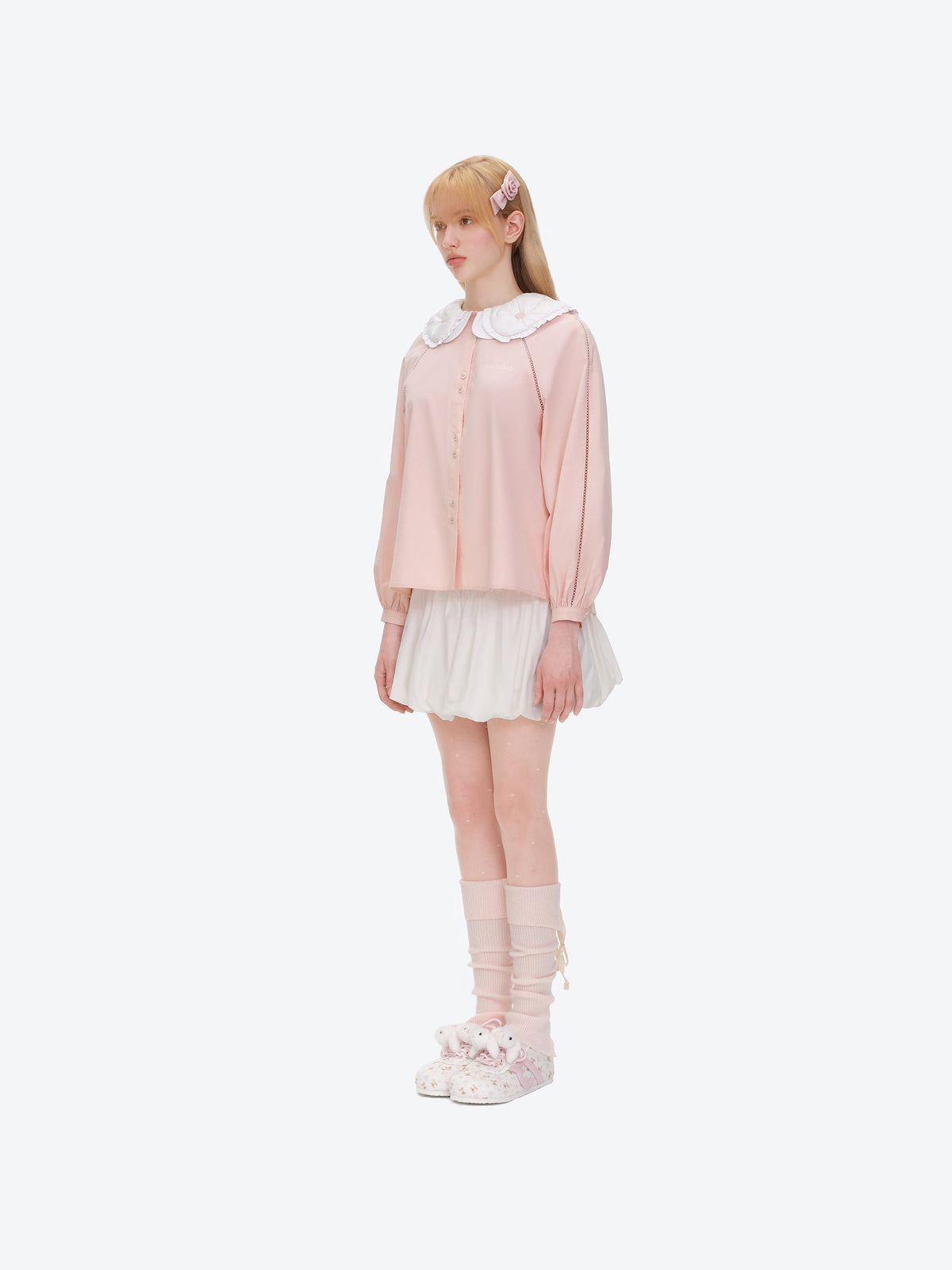 13DE MARZO Nighty Night Bear Double Collar Shirt Pink