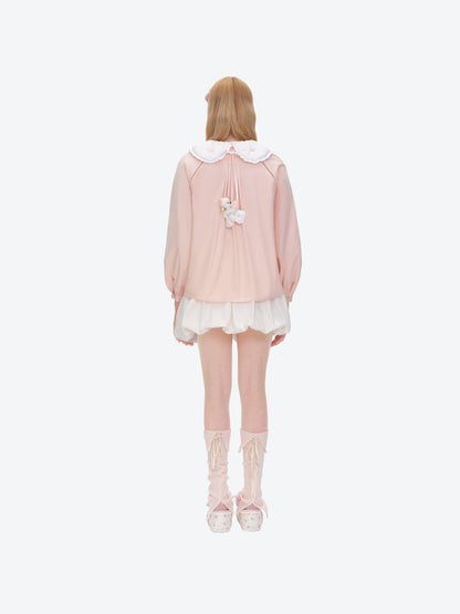 13DE MARZO Nighty Night Bear Double Collar Shirt Pink
