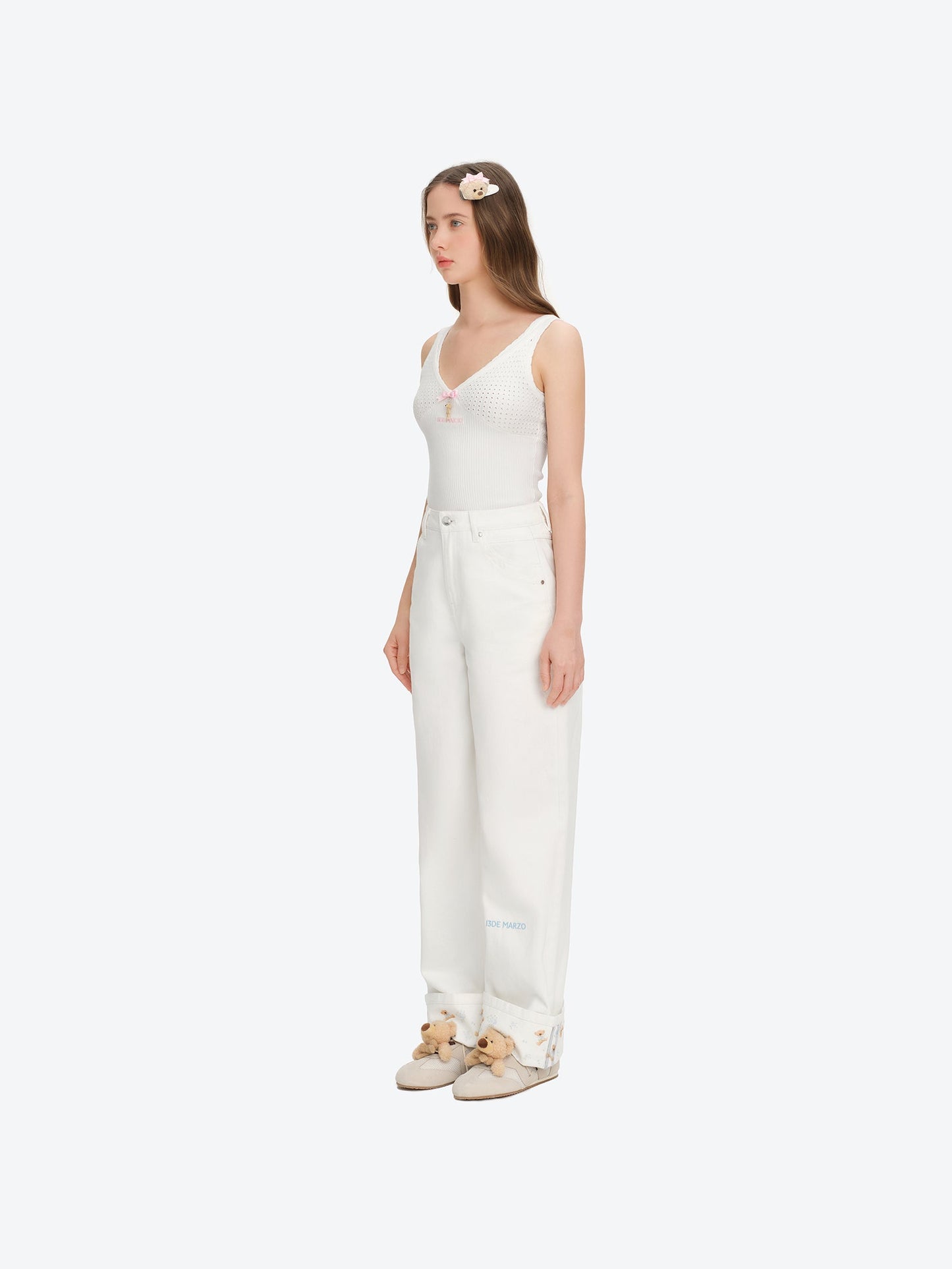 13DE MARZO Cuffed Wide-Leg Jeans Beige