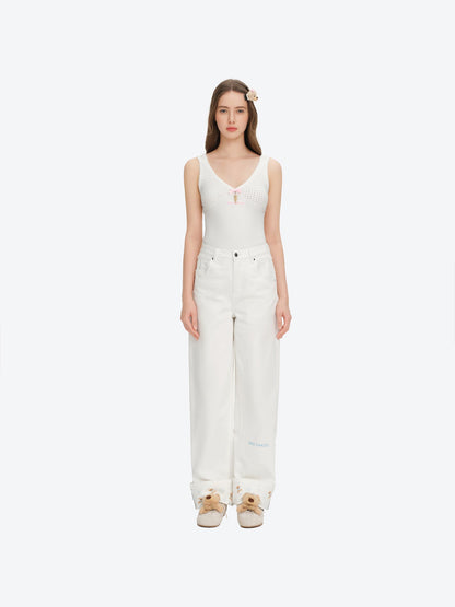 13DE MARZO Cuffed Wide-Leg Jeans Beige