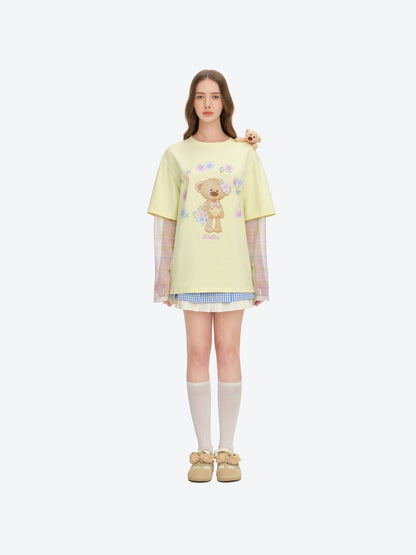 13DE MARZO Floral Appliqué Style Long Sleeve T-shirt Yellow