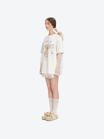 13DE MARZO Floral Appliqué Style Long Sleeve T-shirt White