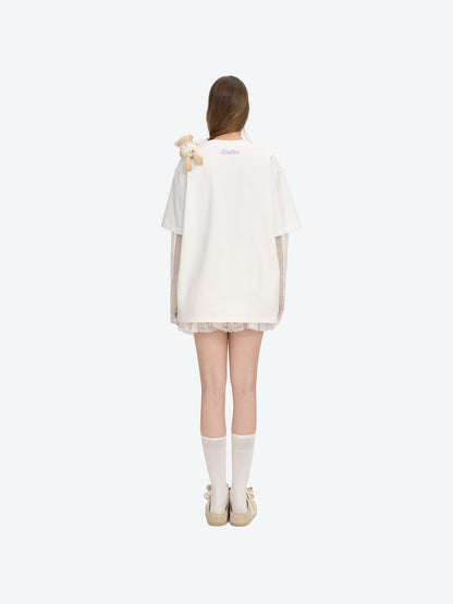 13DE MARZO Floral Appliqué Style Long Sleeve T-shirt White