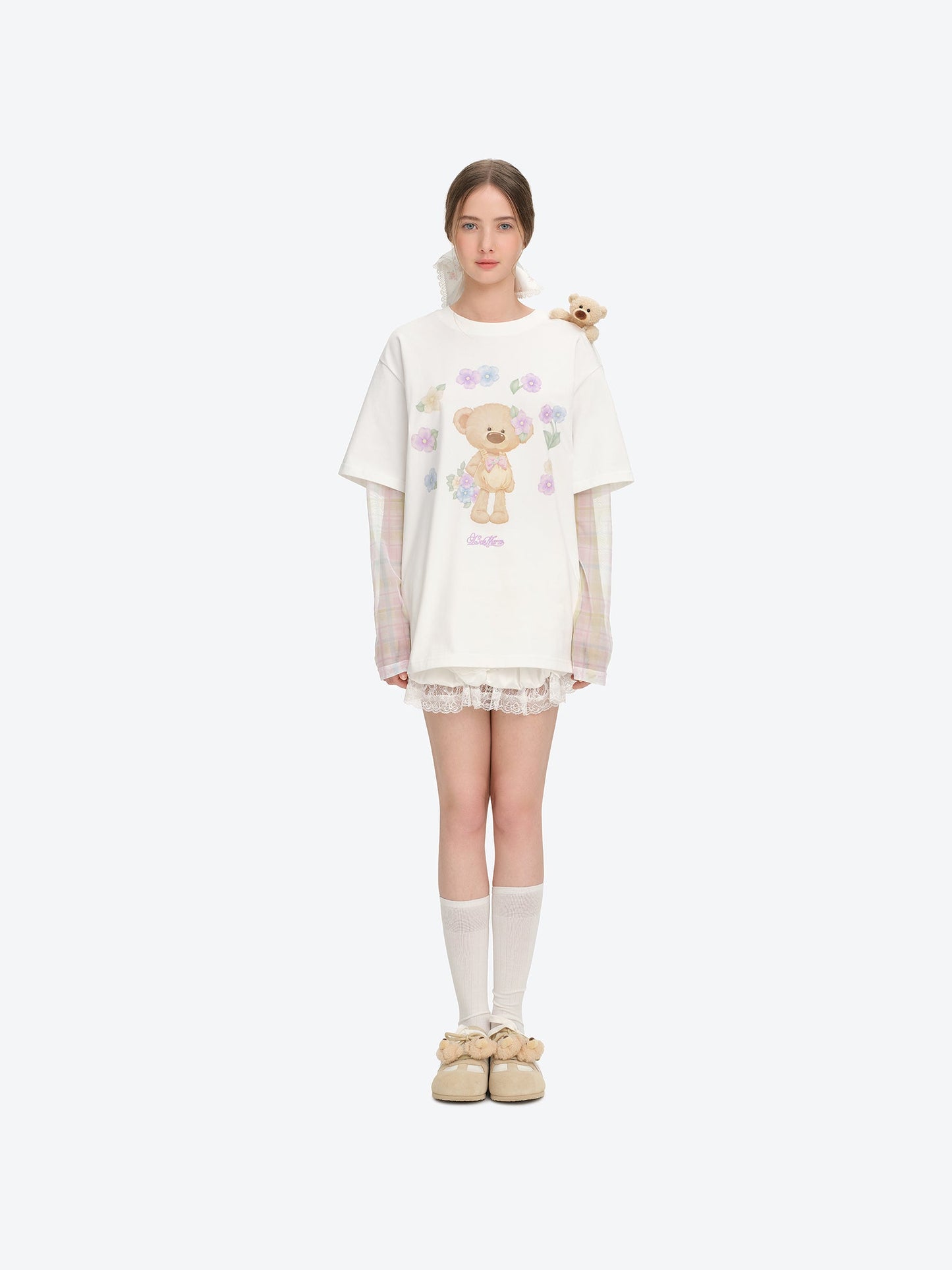 13DE MARZO Floral Appliqué Style Long Sleeve T-shirt White