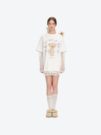 13DE MARZO Floral Appliqué Style Long Sleeve T-shirt White
