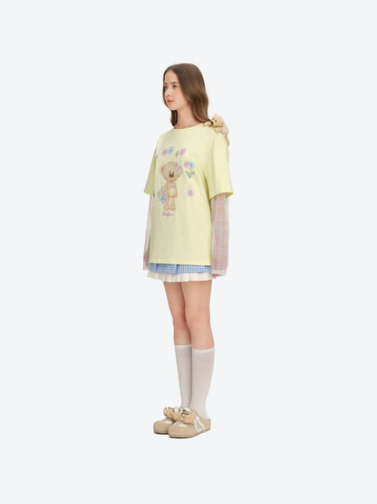 13DE MARZO Floral Appliqué Style Long Sleeve T-shirt Yellow
