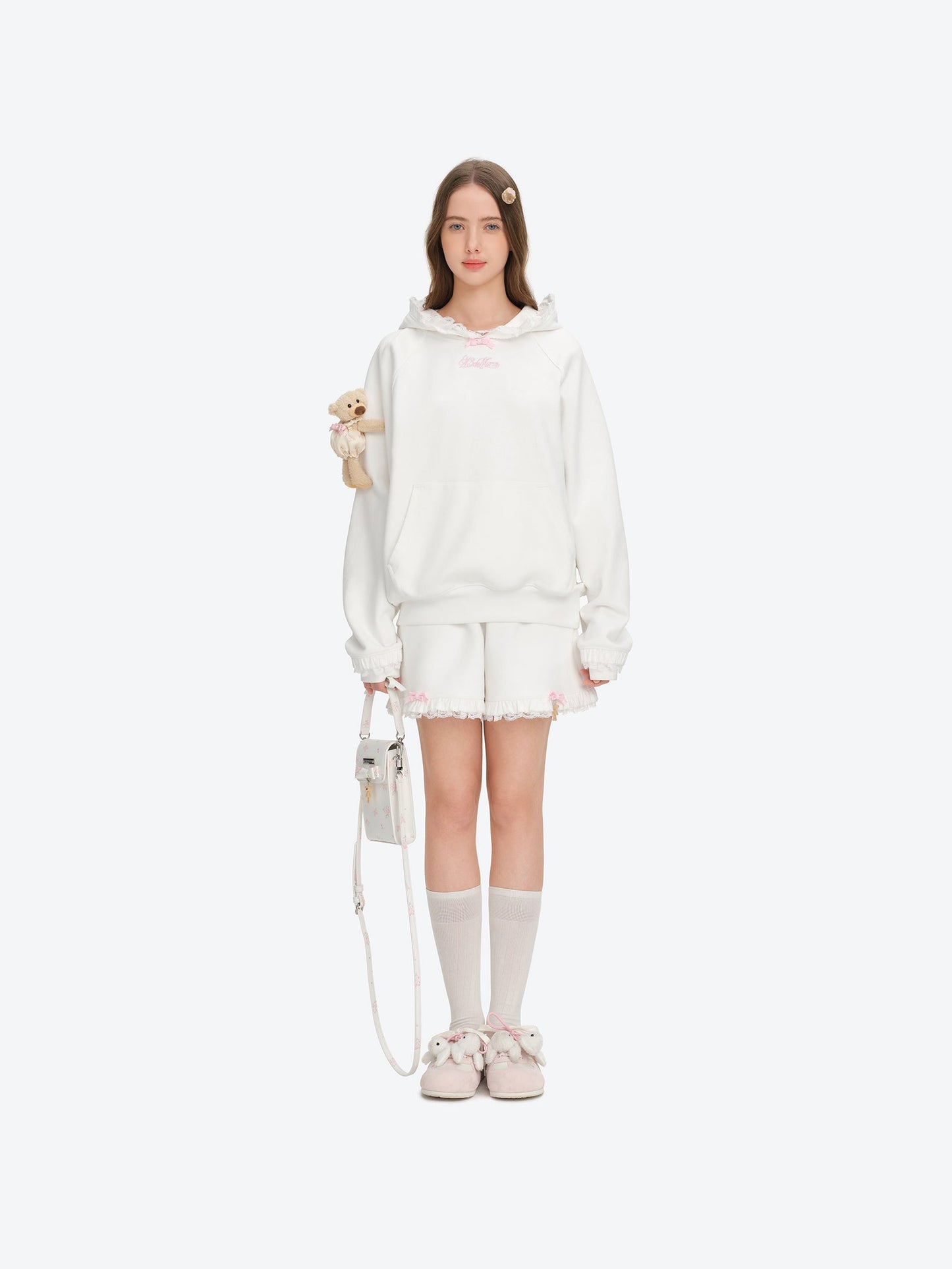 13DE MARZO Lace-Brim Pullover Hoodie White